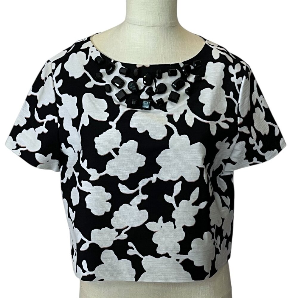 Kate Spade Size M Graphic Bejeweled Cropped Top Chunky Jewels Black & White